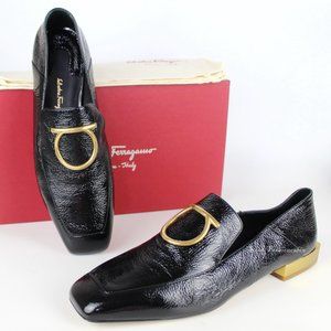 New Salvatore Ferragamo Crinkled Patent Leather Slip On Loafer
